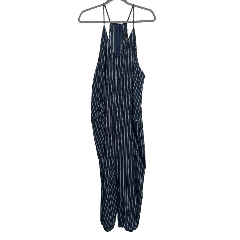 Dress Forum Women L Jumpsuit Navy Striped Casual Romper Dressy Comfy Boho Preppy